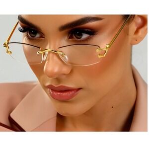 Women Rimless Sunglasses Gold Frame Rectangle Lens Fashion Eyewear Female Lentes